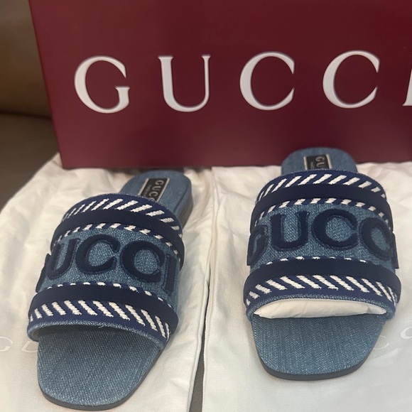 Gucci Shoes - Gucci Blue Denim Slide Sandals with White Braided Trim